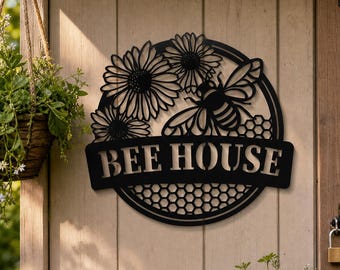 Bee House Sunflower Metal Garden Wall Sign, Floral Bee Honeycomb Metal Plaque, Outdoor Farmhouse Wall Decor, Bee House Wall Art