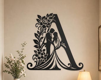 Custom Floral Monogram Metal Wall Decor, Bride Groom Silhouette Metal Wall Sign, Wedding Couple Initial Metal Wall Decor, Gift for Couple