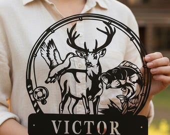 Custom Deer Hunter Metal Sign,Personalized Deer and Hunting Rifle Sign, Outdoor Deer Fish Hunting Metal Wall Sign, Hunting Fishing Gift
