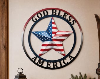 Patriotic Star Metal Wall Sign, God Bless America Flag Star Decor, Red White Blue Metal Plaque, American Star Patriotic Wall Decor