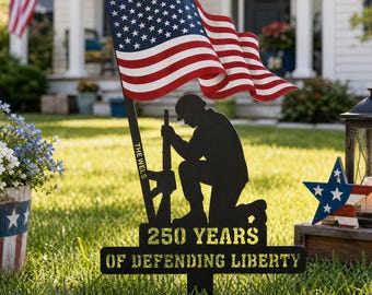 Personalized Kneeling Service Member Garden Stake, Patriotic Tribute Sign, Custom Military Memorial Stake, American Flag Veteran Yard Decor