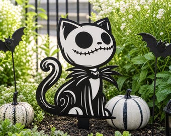 Spooky Stitched Face Cat Metal Garden Stake, Gothic Skeleton Kitty Silhouette Flower Pot Decor, Halloween Cat Metal Yard Marker
