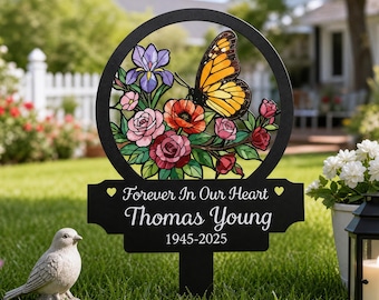 Personalized Butterfly Floral Memorial Garden Stake, Custom Grave Marker, Forever In Our Hearts Stake, Colorful Flower Butterfly Tribute Art