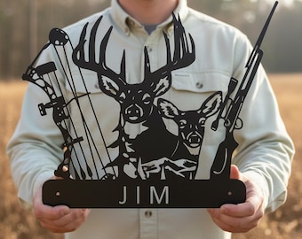 Custom Deer Hunter Metal Sign, Personalized Deer and Hunting Rifle Sign, Deer Hunting Wall Hanging, Personalized Bow and Hunting Rifle Sign