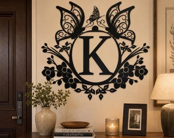 Custom Monogram Metal Wall Sign, Floral Butterfly Initial Home Plaque, Personalized Letter Flower Butterfly Decor, Butterfly Entryway Sign