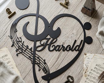 Personalized Music Studio Name Wall Decor, Treble Clef Heart Music Art, Music Lover Personalized Name Wall Art, Music Wall Art