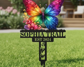Custom Colorful Butterfly Metal Garden Sign, Butterfly Memorial Stake, Rainbow Butterfly Garden Sign, Custom Rainbow Butterfly Garden Marker