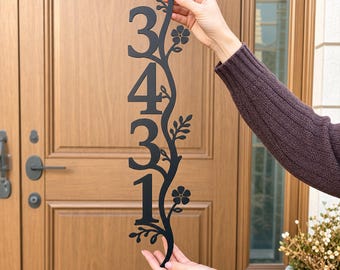 Custom Floral Vine Vertical Metal Address Sign, Boho Home Decor, House Numbers Outdoor Wall Marker, Rustic Door Sign, Housewarming Gift