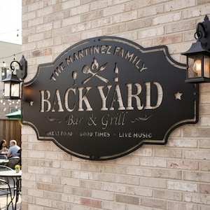 May include: Black metal sign with the text "THE MARTINEZ FAMILY BACK YARD Bar & Grill" mounted on a brick wall. The sign includes illustrations of a wine glass, grill tools, and a bottle. The words "GREAT FOOD GOOD TIMES LIVE MUSIC" are also included.