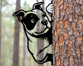 Peeking Boston Terrier Metal Fence Topper, Dog Silhouette Tree Mount Decor, Cute Dog Metal Decor, Boston Terrier Fence & Tree Yard Art