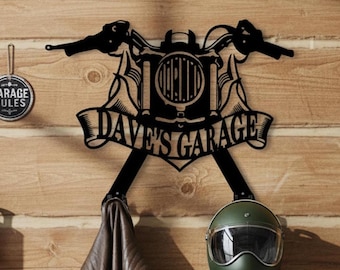 Porta casco e giacca da moto in metallo personalizzato: decorazioni per garage, cartello personalizzato con nome per garage, cartello personalizzato per garage per moto, regalo per motociclisti