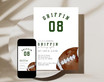 May include: White invitation with green text that reads "GRIFFIN 08". A watercolor football is in the bottom right corner. A smartphone displays the same invitation design. The invitation includes event details.