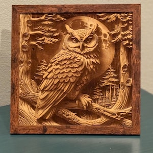 Laser-Engraved  Wooden Owl Wall Art – 10x10 Basswood 3D Relief with Rustic Frame