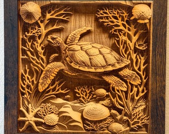 Laser Engraved Sea Turtle Wall Art: Basswood Ocean Decor