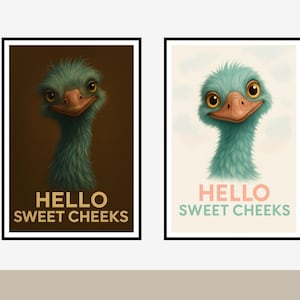 Funny Ostrich &quot;Sweet Cheeks&quot; Digital Print – Whimsical Animal Wall Art, Two Poses, Twelve Pictures, Instant Download