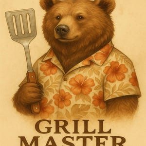 Grill Master Bear Wall Art, Funny Dad Printable, BBQ Animal Decor, Man Cave Kitchen Workshop Digital Download, Father&#39;s Day Gift