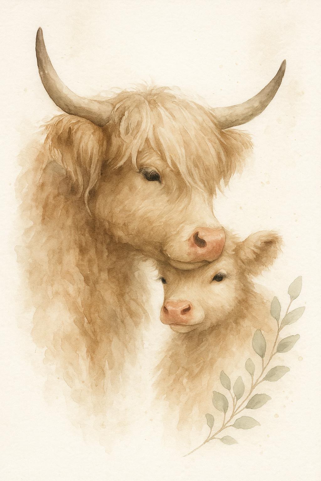 Highland Cow Family Watercolor Print: Boho Nursery Art (digital ...