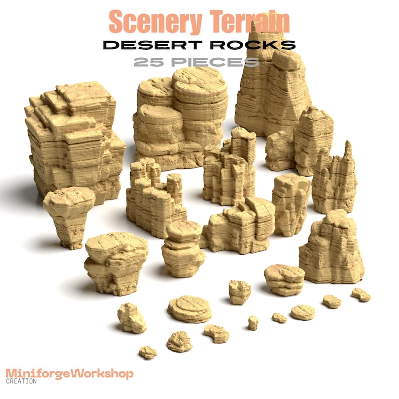 25 Desert Rocks STL Bundle - Wargaming Terrain - Tabletop Scenery - 32 mm Scale - Rock Formations - Miniature Base Terrain - 3D Print Files image 3