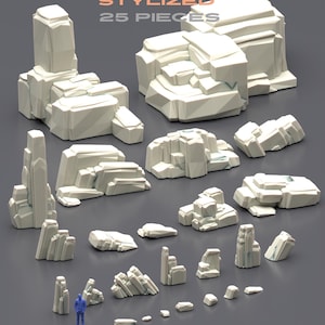 Könnte beinhalten: Eine Sammlung von 25 stilisierten Wüstenfelsen-Geländeteilen in verschiedenen Formen und Größen. Die Felsen sind hellweiß und für Tabletop-Spiele konzipiert. Der Text "Terrain Bits", "Desert Rocks" und "Stylized" ist im Bild enthalten.