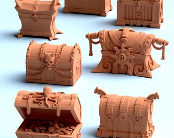 Conjunto de cofres del tesoro de 32 mm: 7 cofres de botín de fantasía únicos en formato STL – Juegos de guerra de fantasía – Miniatura imprimible – Descarga digital de terreno de fantasía