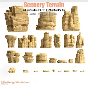 May include: A collection of 25 tan desert rock terrain pieces for tabletop gaming. The set includes various sizes of layered, textured stone formations, ranging from large vertical cliffs to small flat rocks, labeled Scenery Terrain Desert Rocks.