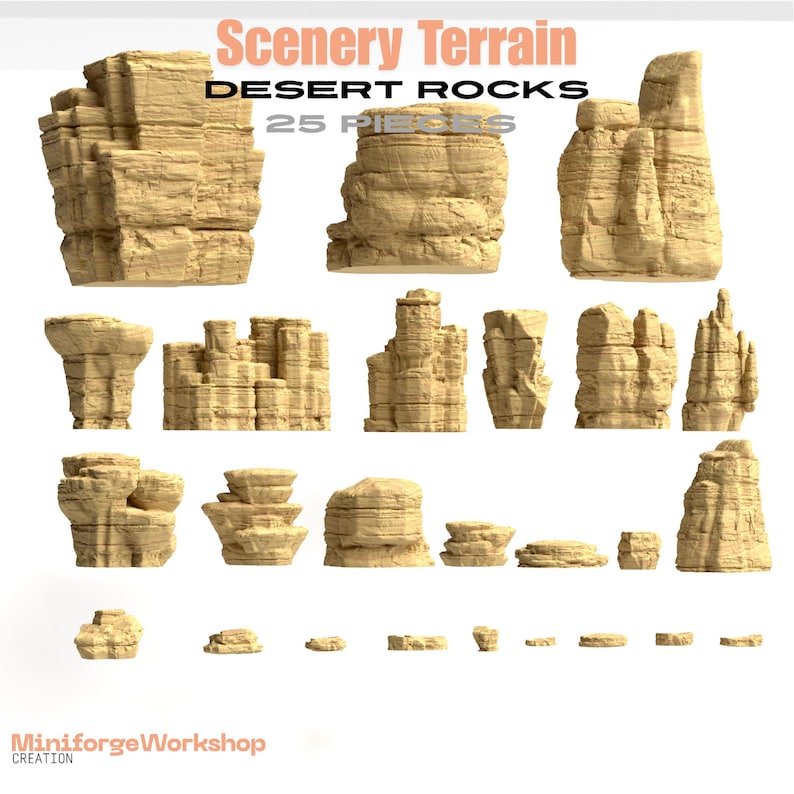 May include: A collection of 25 tan desert rock terrain pieces for tabletop gaming. The set includes various sizes of layered, textured stone formations, ranging from large vertical cliffs to small flat rocks, labeled Scenery Terrain Desert Rocks.