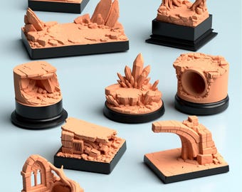 Paquete de bases para héroes (archivos STL x10), bases escénicas para miniaturas, bases de exhibición de 32 mm, terreno para juegos de mesa, bases para dioramas de juegos de rol, impresión 3D en resina - Descarga digital