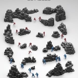 May include: A set of 20 pieces of dark gray basalt scatter terrain for tabletop gaming. The collection features various geometric rock formations with hexagonal column structures, accompanied by small red and blue miniature soldier figures.