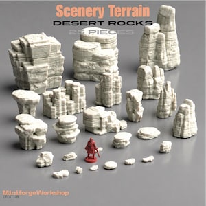 May include: A set of 25 off-white desert rock scenery terrain pieces for tabletop gaming, featuring various sizes and layered textures. A single red miniature figure stands among the rocks. Text reads: Scenery Terrain, DESERT ROCKS, 25 PIECES, MiniforgeWorkshop CREATION.