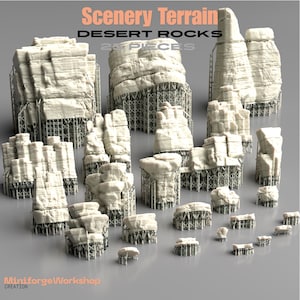 May include: A collection of 25 off-white desert rock terrain pieces for tabletop gaming. Each piece features detailed rock formations supported by a grey lattice support structure. The text Scenery Terrain Desert Rocks 25 Pieces is visible.