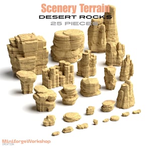 May include: A collection of 25 tan desert rock scenery terrain pieces with layered textures. The text Scenery Terrain, Desert Rocks, 25 Pieces, and MiniforgeWorkshop Creation is visible. These miniature landscape elements feature varied shapes.
