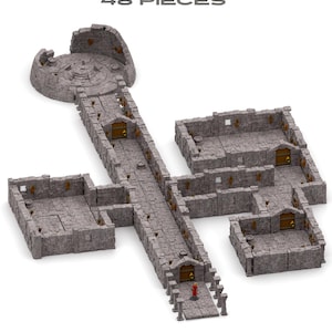 Dungeon Terrain STL Bundle – 48 modulaire dungeon-elementen, fantasy RPG-tegels, muren, deuren, 3D-printbaar tafelbladterrein