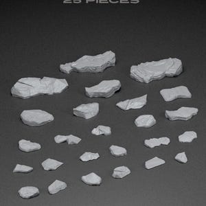 May include: A set of 25 light gray miniature rocky slabs for basing, featuring varied irregular shapes and textured surfaces. The text Basing Bits, ROCKY SLABS, 25 PIECES, and MiniforgeWorkshop CREATION is printed in light orange and white.