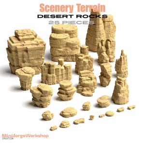 May include: A set of 25 beige desert rock terrain pieces. The image shows rocks of different sizes and shapes. The text "Scenery Terrain" and "Desert Rocks" is at the top. The brand name "MiniforgeWorkshop" is at the bottom.