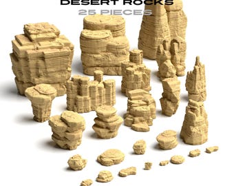 Paquete de 25 rocas del desierto en formato STL - Terreno para juegos de guerra - Escenografía para juegos de mesa - Escala de 32 mm - Formaciones rocosas - Terreno base para miniaturas - Archivos para impresión 3D