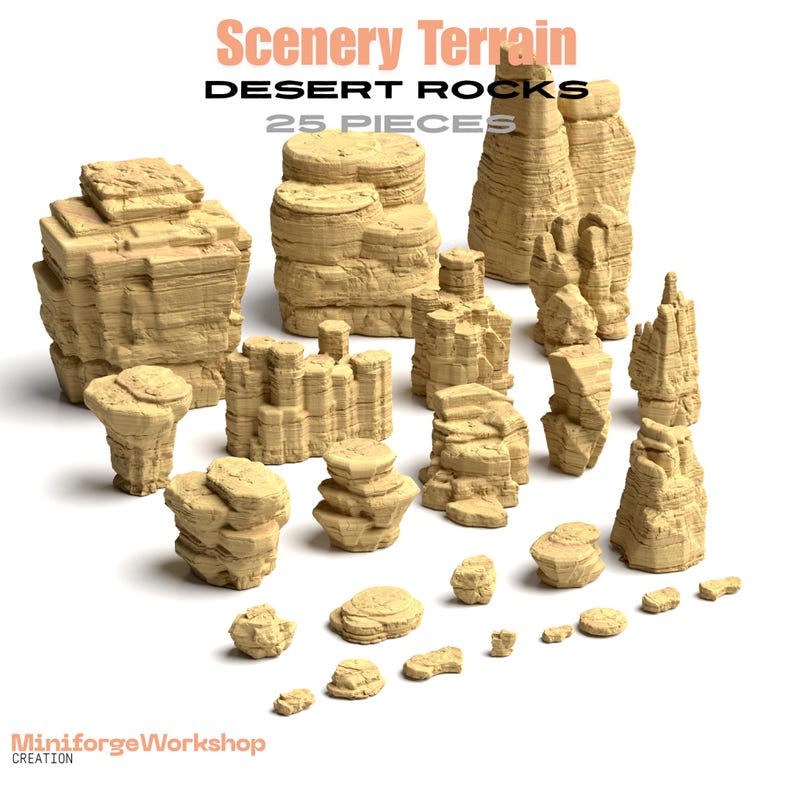 25 Desert Rocks STL Bundle - Wargaming Terrain - Tabletop Scenery - 32 mm Scale - Rock Formations - Miniature Base Terrain - 3D Print Files image 1
