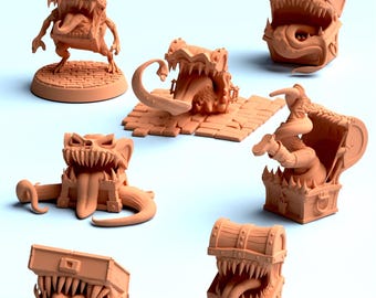 Conjunto de cofres mímicos de 32 mm – 7 cofres mímicos de fantasía únicos en formato STL – Juegos de guerra de fantasía – Miniatura imprimible – Descarga digital de terreno de fantasía