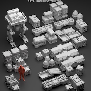 May include: A collection of gray sci-fi cargo crates and components, including a walking mech, various containers, and cylindrical objects. The text "Scenery Bits" and "Sci-fi Cargo Crates 10 Pieces" are displayed in the image. A small orange figure stands near the crates.