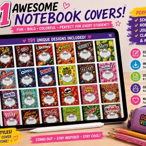 Pode incluir: Um tablet digital exibindo 191 designs de capas de caderno com vários logotipos de marcas de lanches e doces. A tela mostra uma grade de capas retangulares coloridas com etiquetas de texto. O tablet está cercado por um porta-lápis e cadernos.