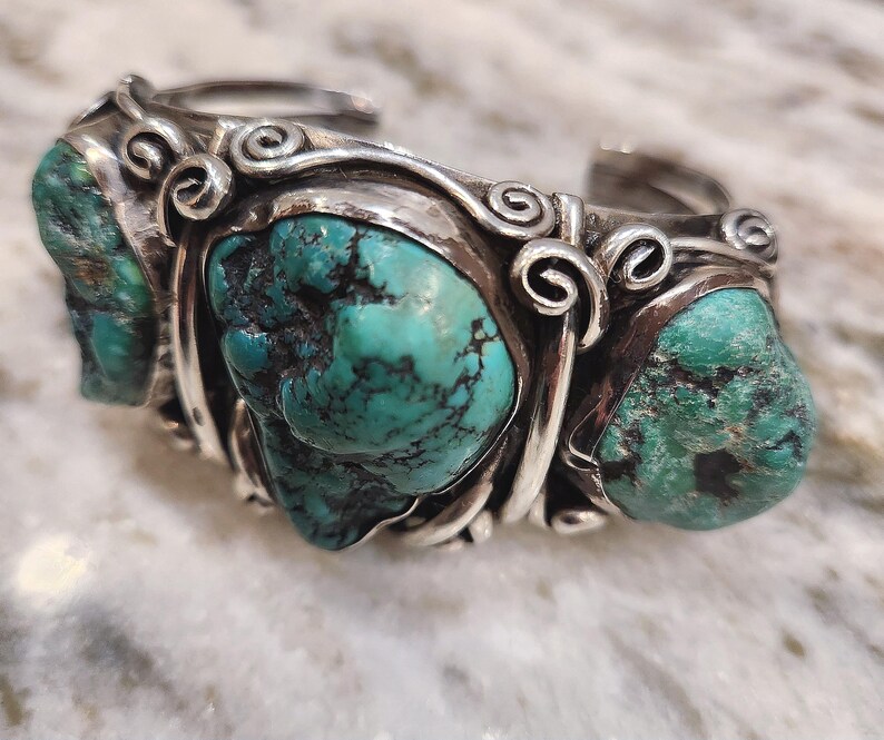 Very Rare, Vintage Chunky Raw Turquoise 925 Navajo Cuff Bracelet Heavy image 3