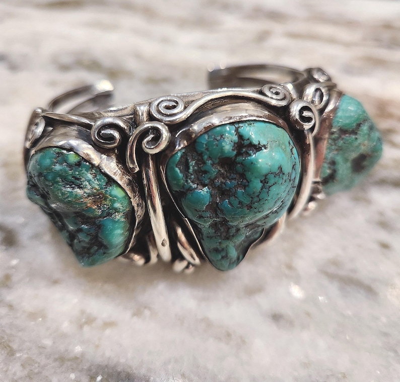 Very Rare, Vintage Chunky Raw Turquoise 925 Navajo Cuff Bracelet Heavy image 2