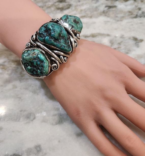 Very Rare, Vintage Chunky Raw Turquoise 925 Navajo Cuff Bracelet Heavy