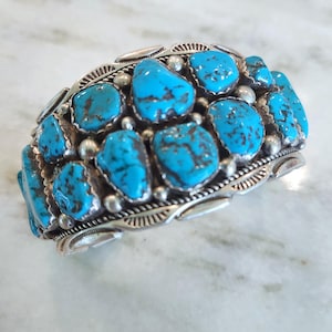 Seltene, Vintage Navajo Kingman Türkis Nugget Sterling Silber .925 Manschette Armband gestempelt