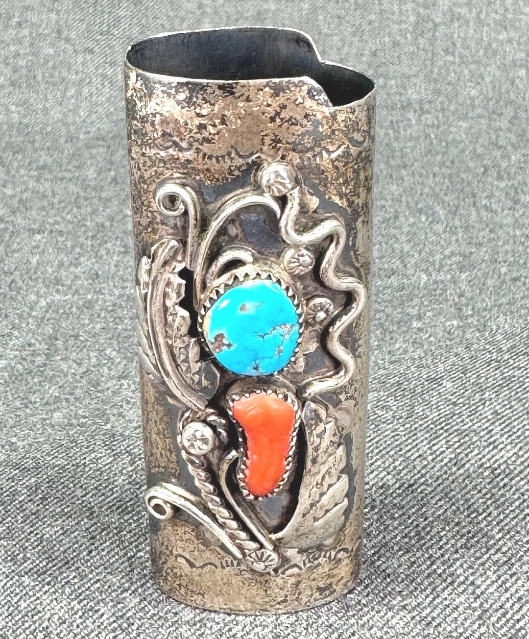 ビンテージ　ナバホ　Navajo ライターケース　ターコイズ　コーラル Vintage, Navajo Native American Sterling Silver Turquoise Coral