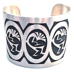 Vintage Navajo Sterling Silver .925 Kokopelli Overlay Cuff Bracelet Signed  113gr