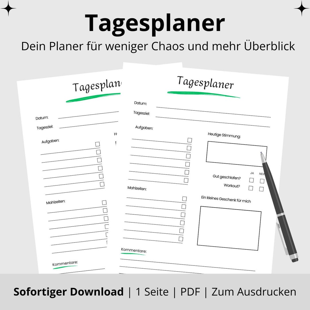 Printable Daily Planner | 1-page PDF Template for Tasks, Meals, Mood ...