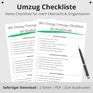 Puede incluir: Dos listas de verificación imprimibles en alemán para estudiantes que se mudan a un apartamento compartido. Las listas de verificación cubren la preparación, el embalaje y la configuración de la habitación. Un bolígrafo negro está a la derecha.