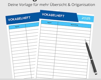 Vocabulary notebook template PDF for students, pupils, and trainees | PDF to print for vocabulary and technical terms | Color style: Blue | PDF download