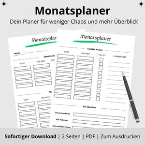 Monthly Budget Planner | 2-page PDF template for printing | Income, fixed costs, variable expenses & balance at a glance