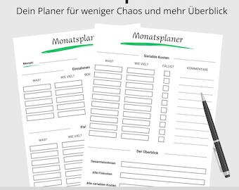 Monthly Budget Planner | 2-page PDF template for printing | Income, fixed costs, variable expenses & balance at a glance